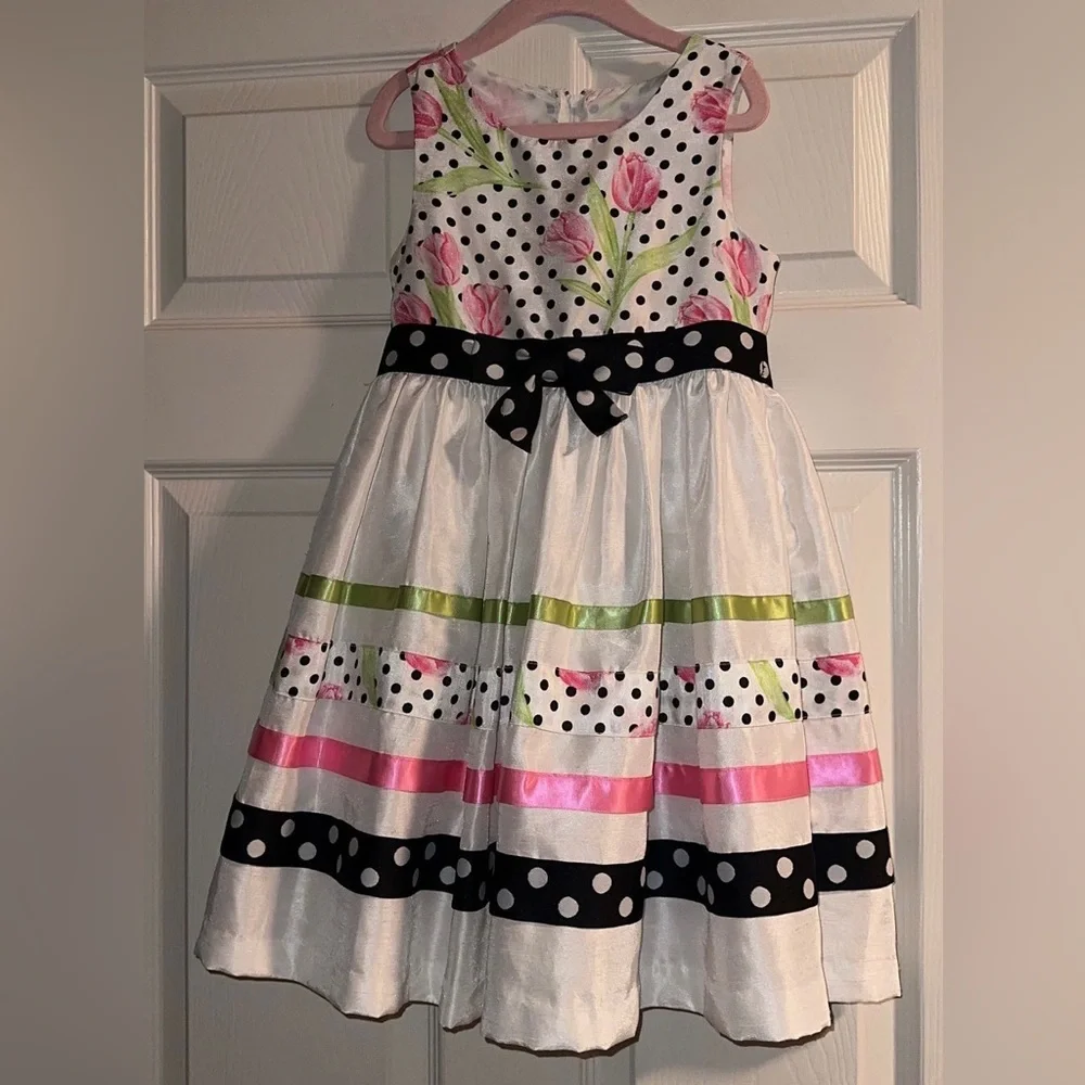 Rare Editions White Tank Dress with a Polka Dot and Tulip Pattern